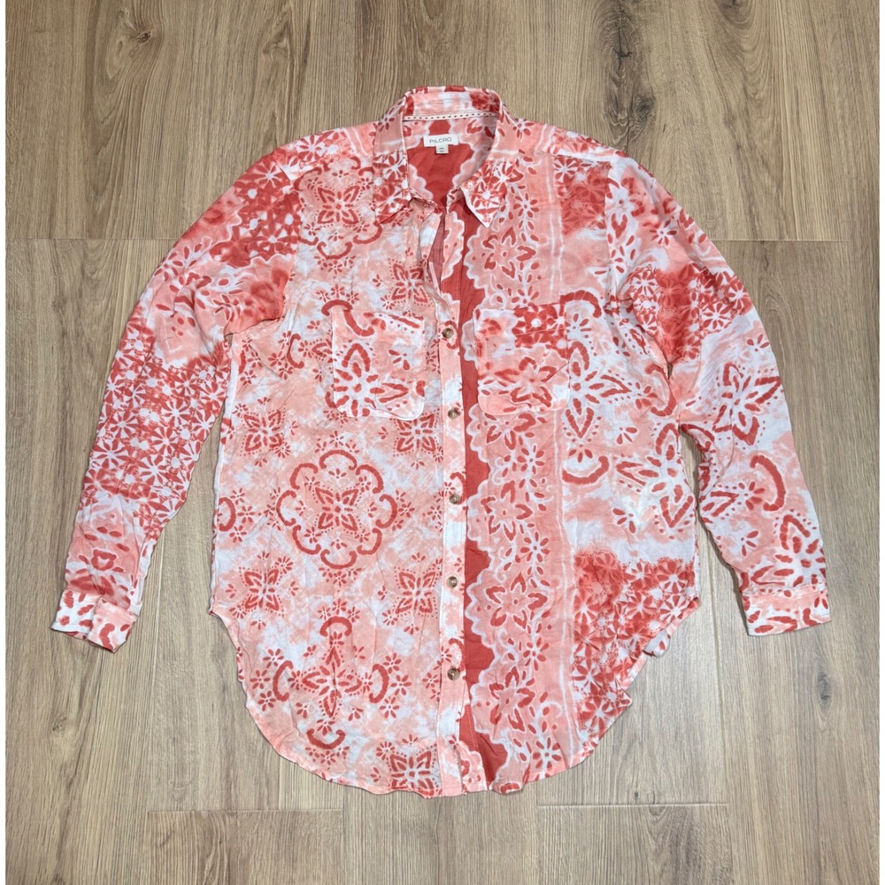 Anthropologie Pilcro Romy Blouse Orange White Floral Print Relaxed Fit Sheer XXS